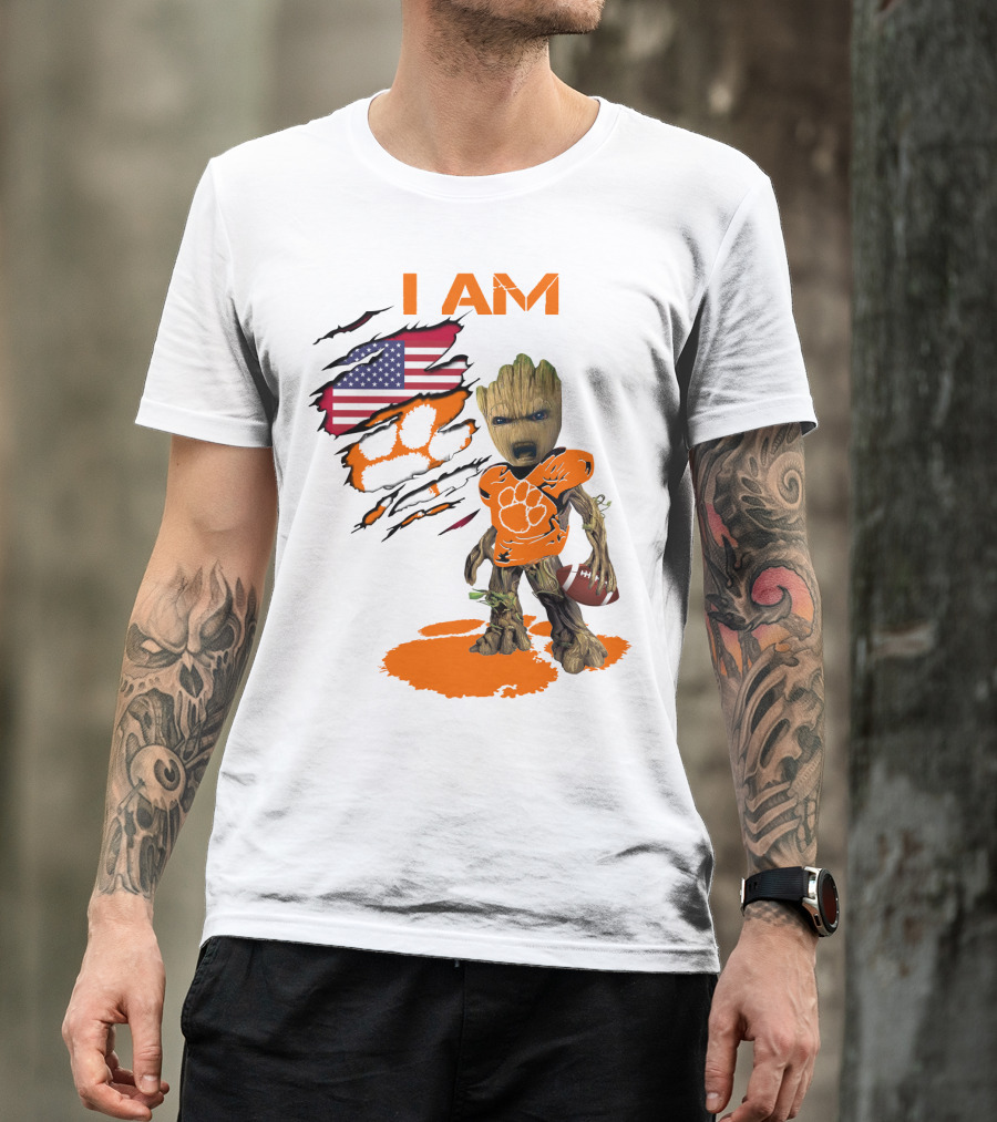 I AM Clemson Baby Groot American Flag Tiger Paw Football T-Shirt
