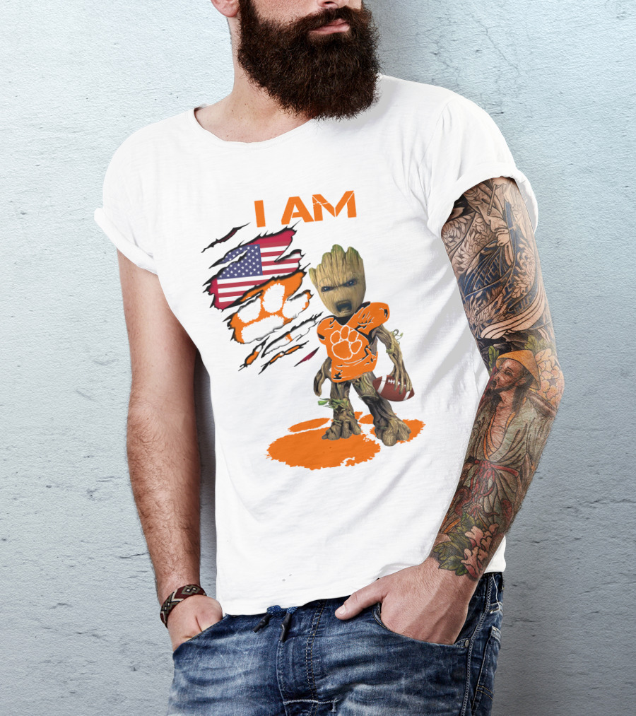 I AM Clemson Baby Groot American Flag Tiger Paw Football T-Shirt