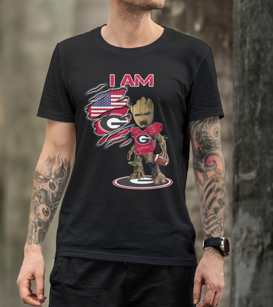 I AM Bulldogs Baby Groot Football G Fan American Flag T-Shirt