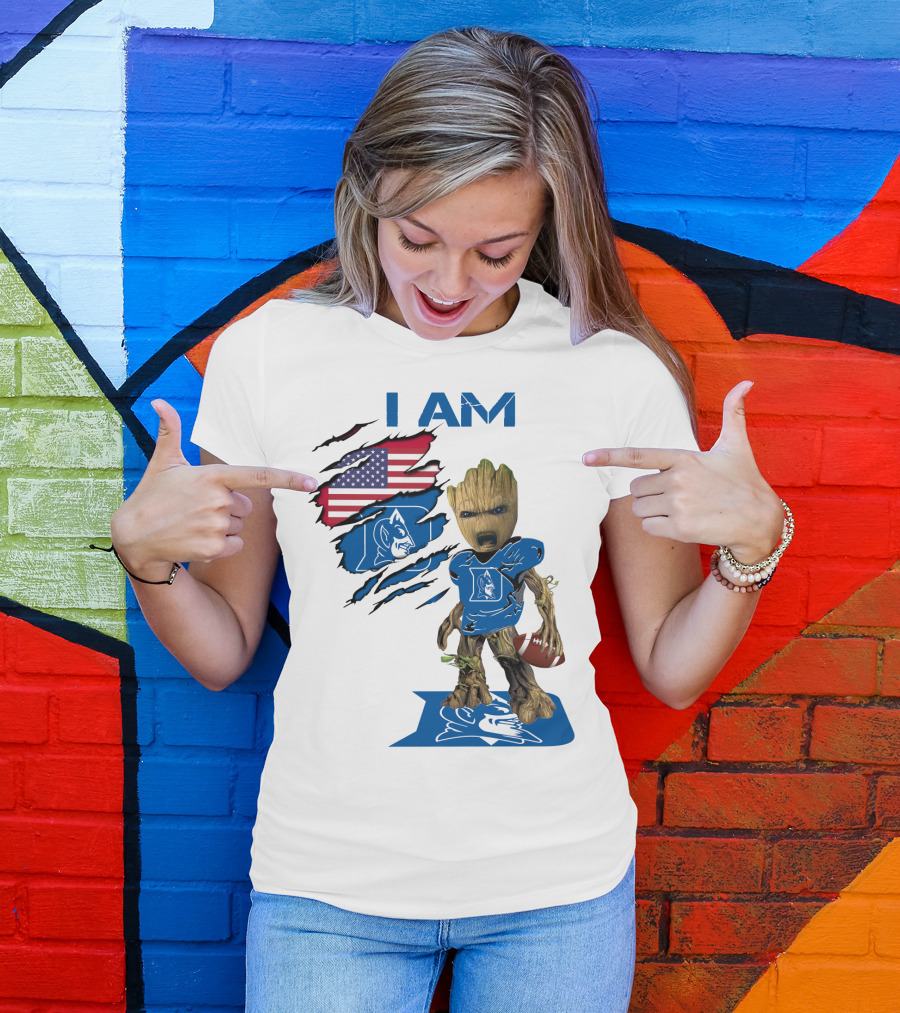 I Am Duke Baby Groot Holding Football With American Flag T-Shirt