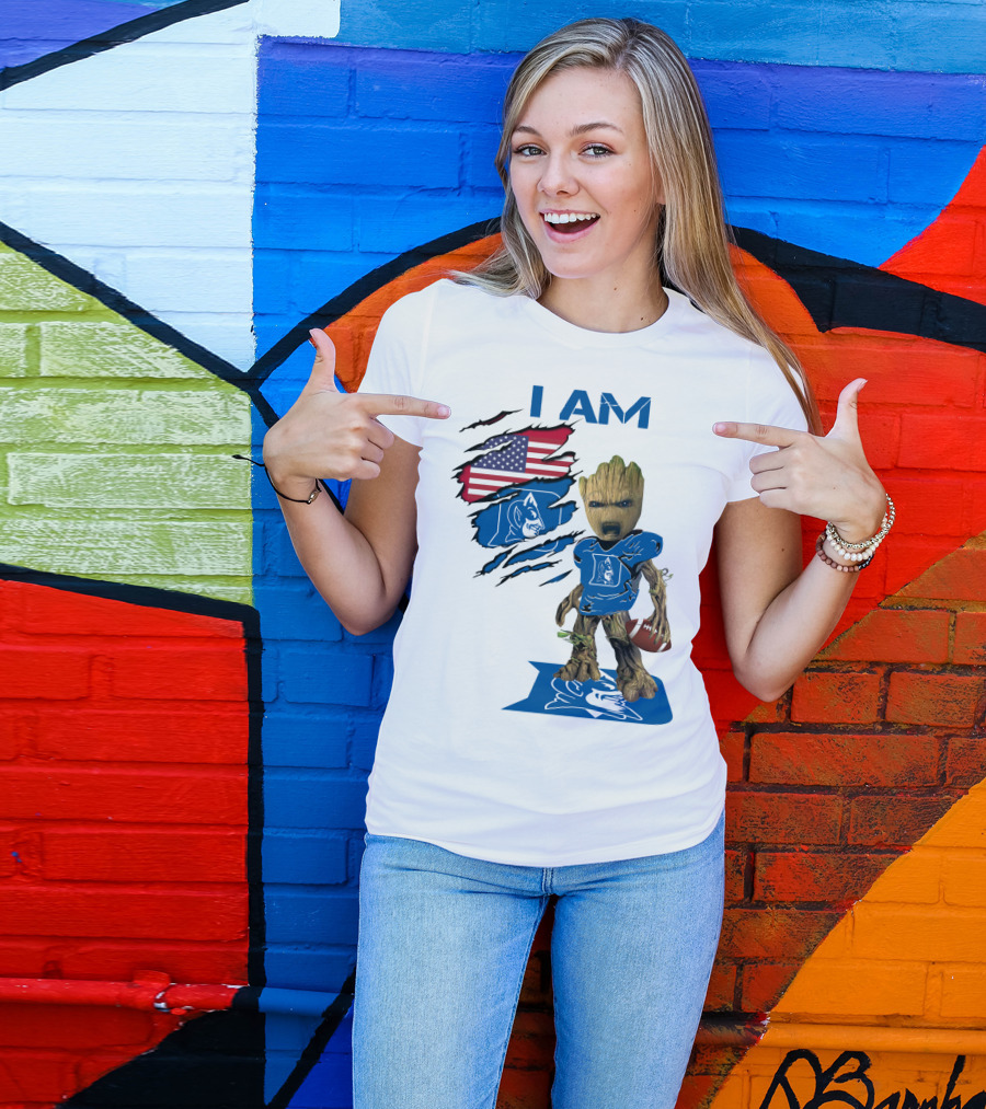 I Am Duke Baby Groot Holding Football With American Flag T-Shirt