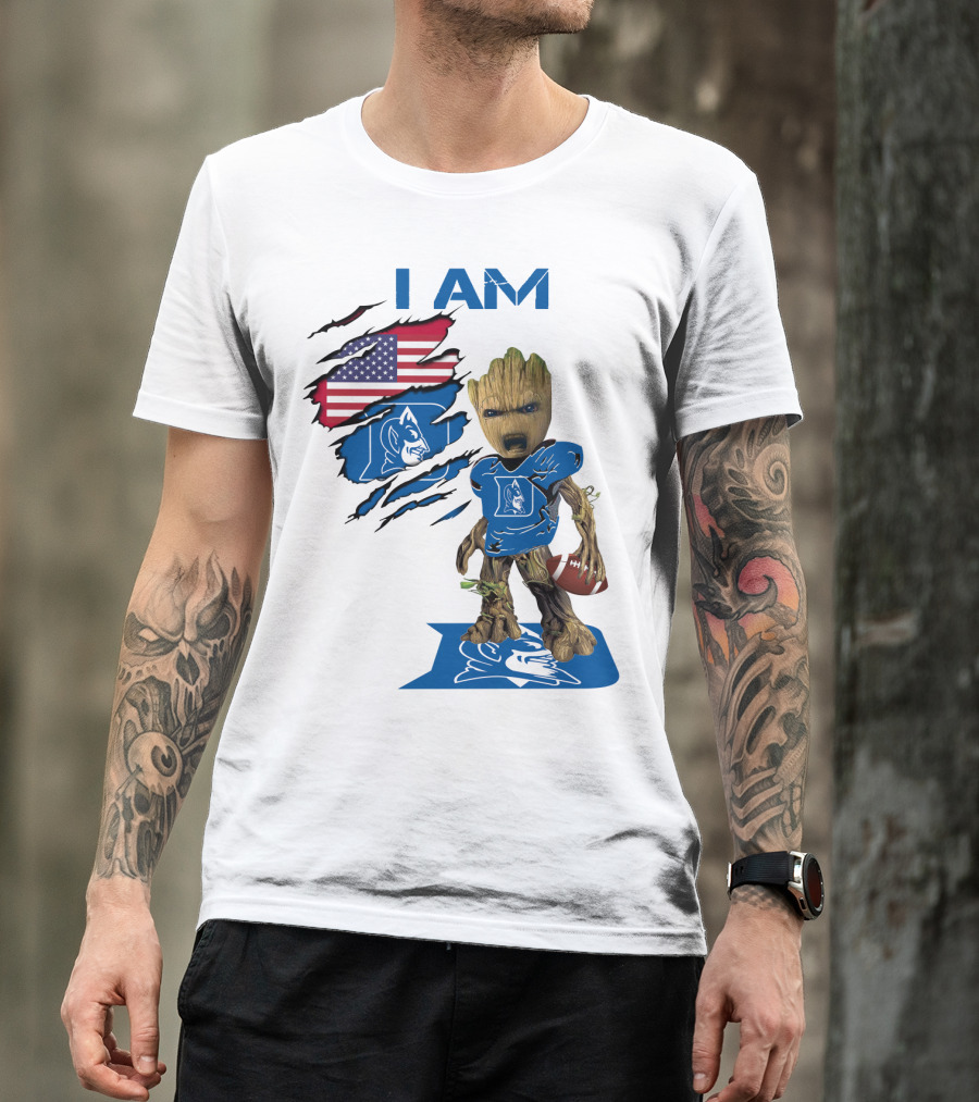 I Am Duke Baby Groot Holding Football With American Flag T-Shirt