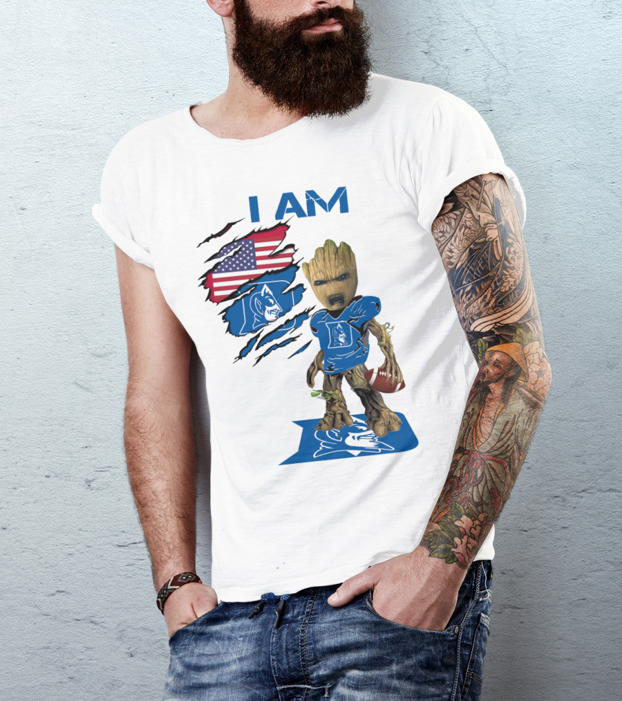 I Am Duke Baby Groot Holding Football With American Flag T-Shirt