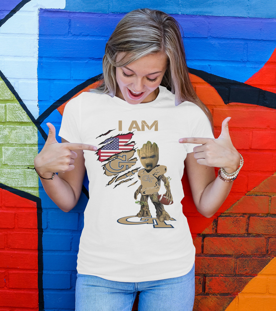I AM Geo Baby Groot Football GT American Flag T-Shirt