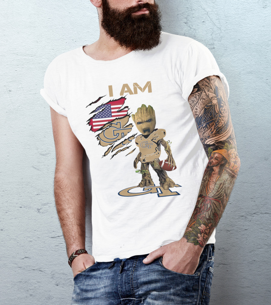 I AM Geo Baby Groot Football GT American Flag T-Shirt
