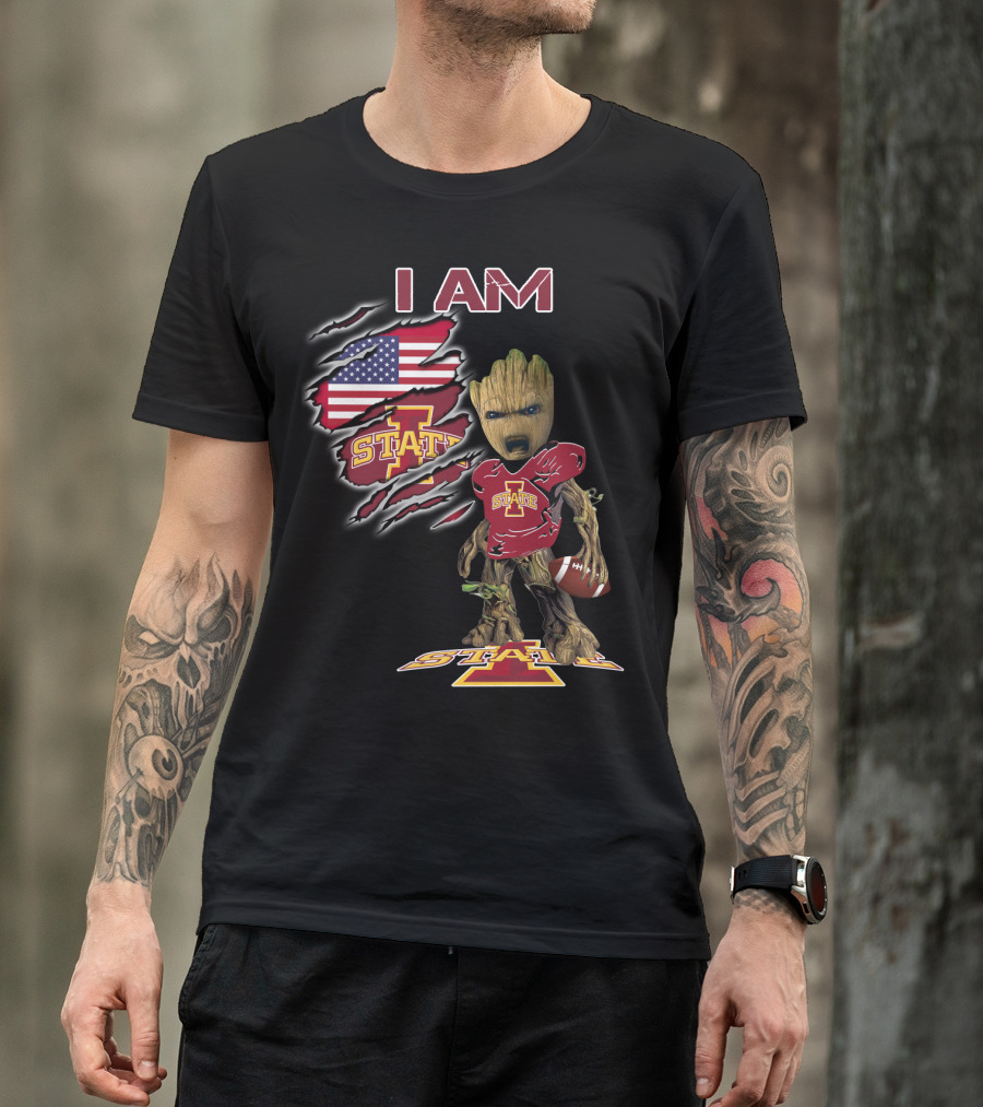 I Am Iowa State Baby Groot Football American Flag T-Shirt
