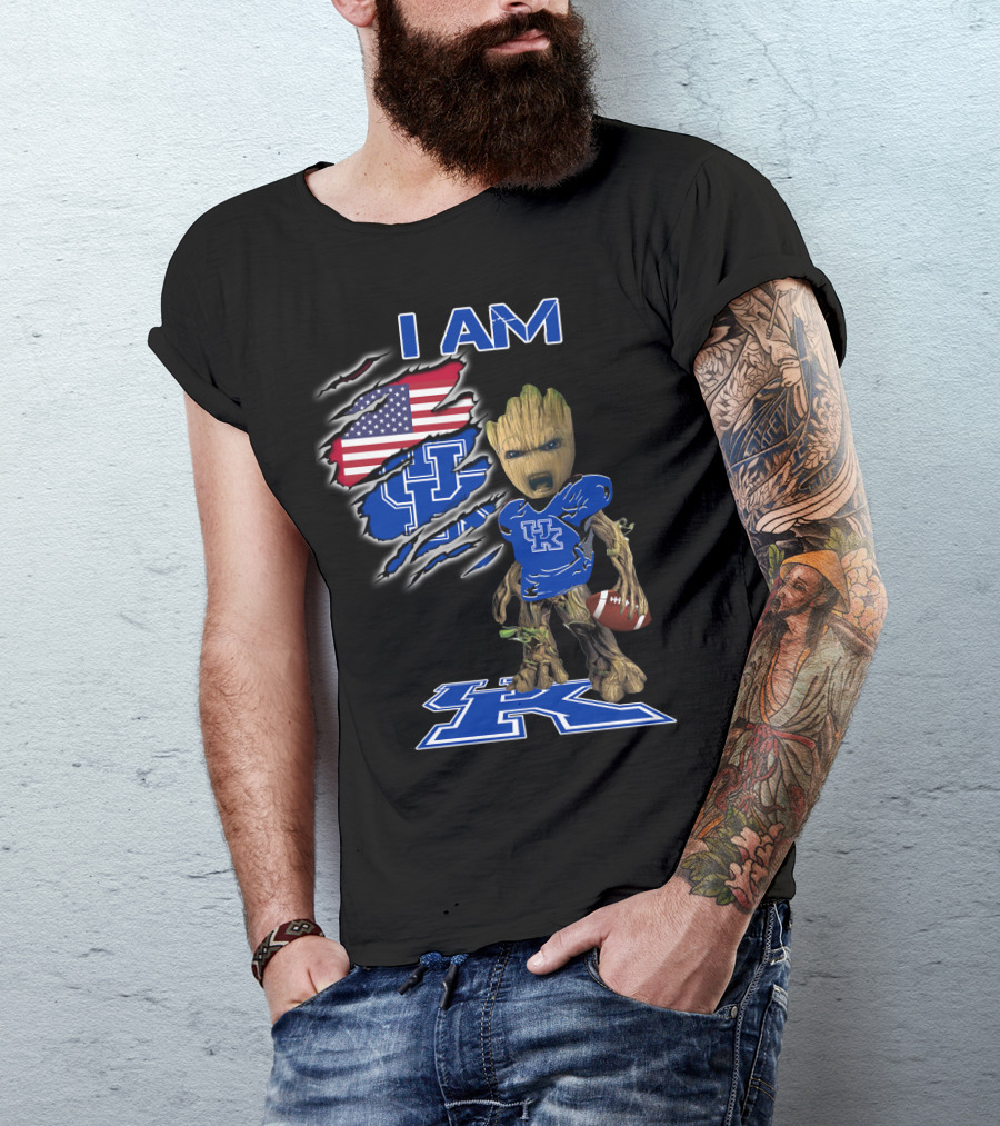 I Am Kentucky Uk Baby Groot American Flag Football Uk Wildcats Fan T-Shirt