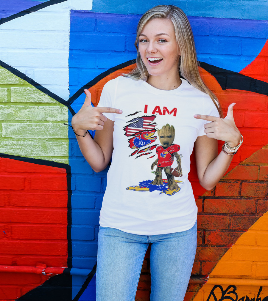 I AM Baby Groot KU Football Jayhawks American Flag T-Shirt