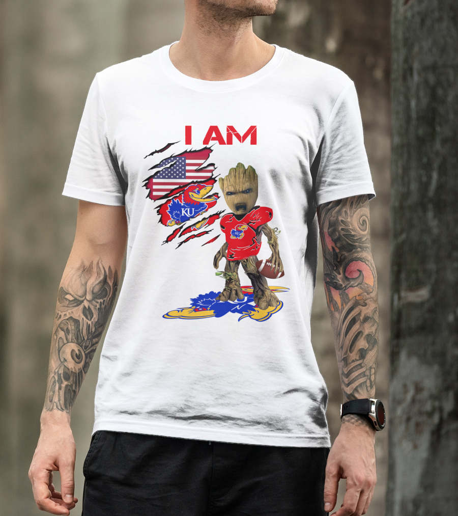 I AM Baby Groot KU Football Jayhawks American Flag T-Shirt