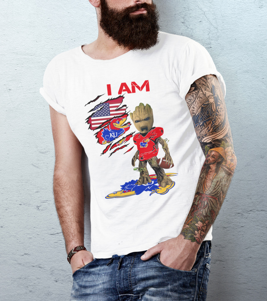 I AM Baby Groot KU Football Jayhawks American Flag T-Shirt