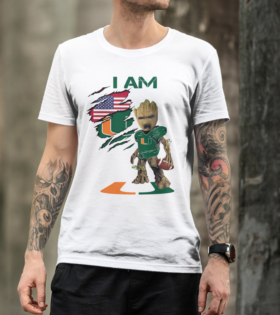 I AM Miami Hurricanes Baby Groot Football USA Flag T-Shirt