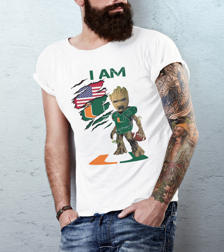 I AM Miami Hurricanes Baby Groot Football USA Flag T-Shirt