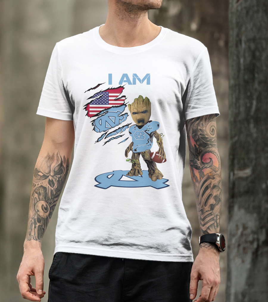 I Am Baby Groot Tarheels Football USA Flag T-Shirt