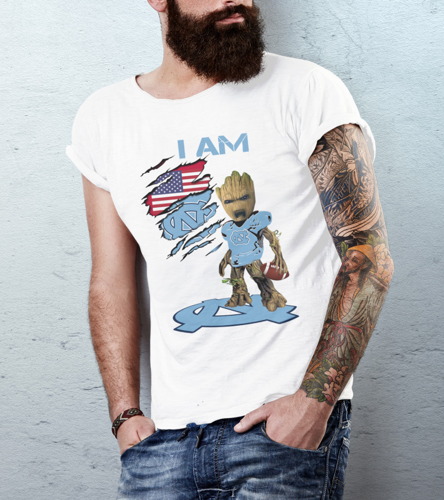 I Am Baby Groot Tarheels Football USA Flag T-Shirt