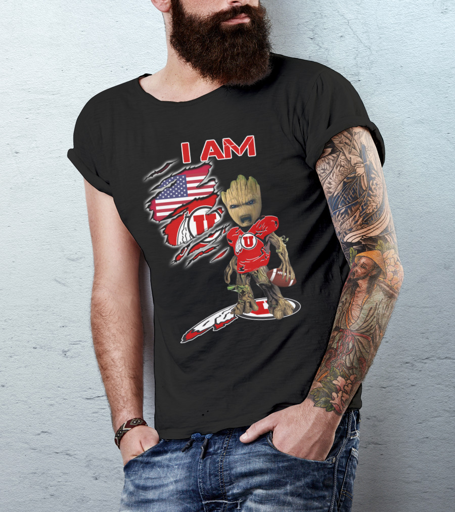 I AM Utes Baby Groot American Flag Football T-Shirt