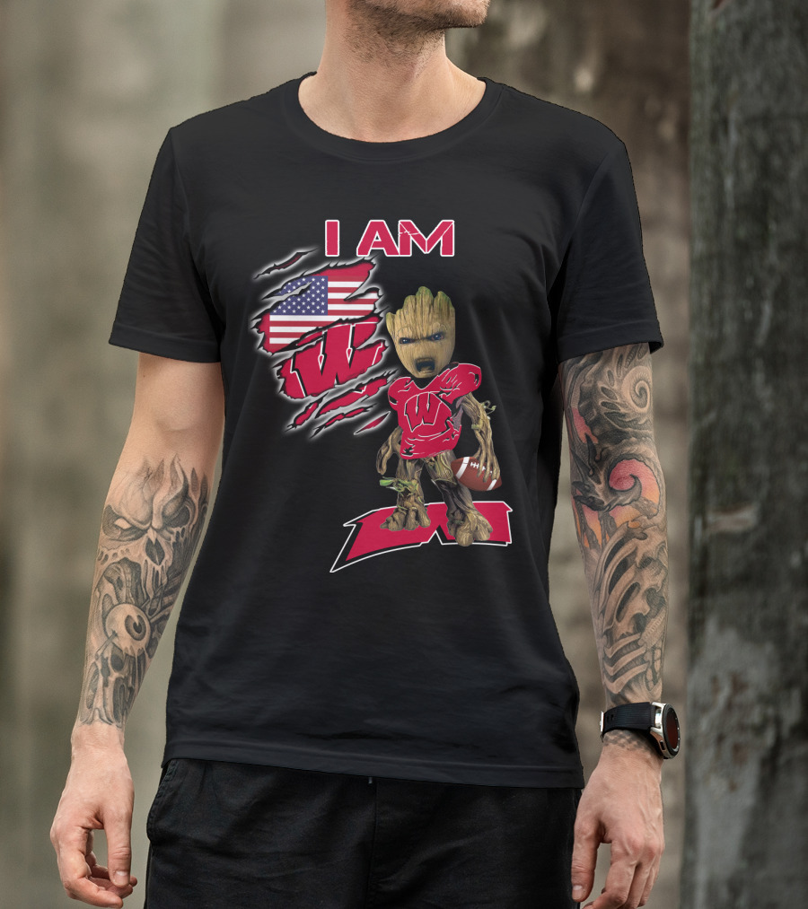 I Am Wisconsin Baby Groot Usa Flag Football W T-Shirt