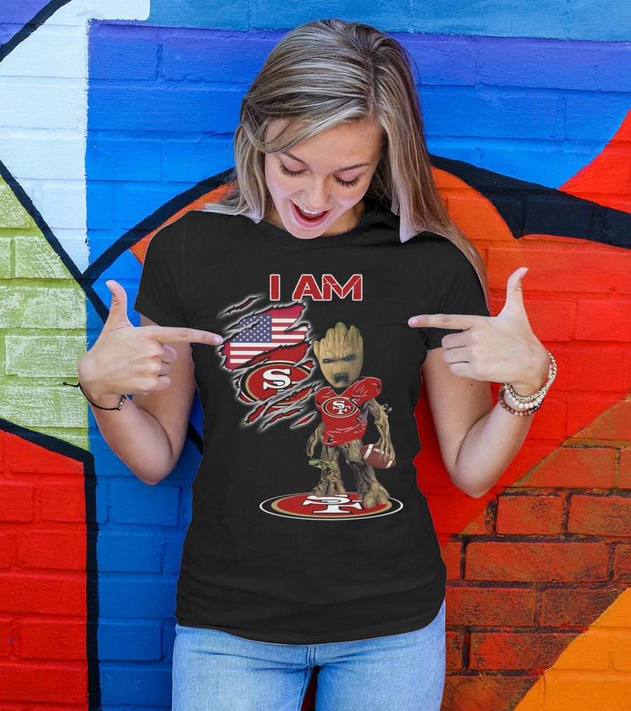 I Am 49ers Baby Groot Football American Flag T-Shirt