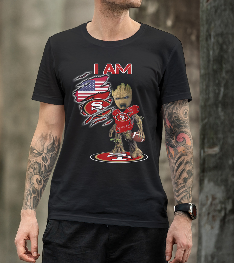 I Am 49ers Baby Groot Football American Flag T-Shirt