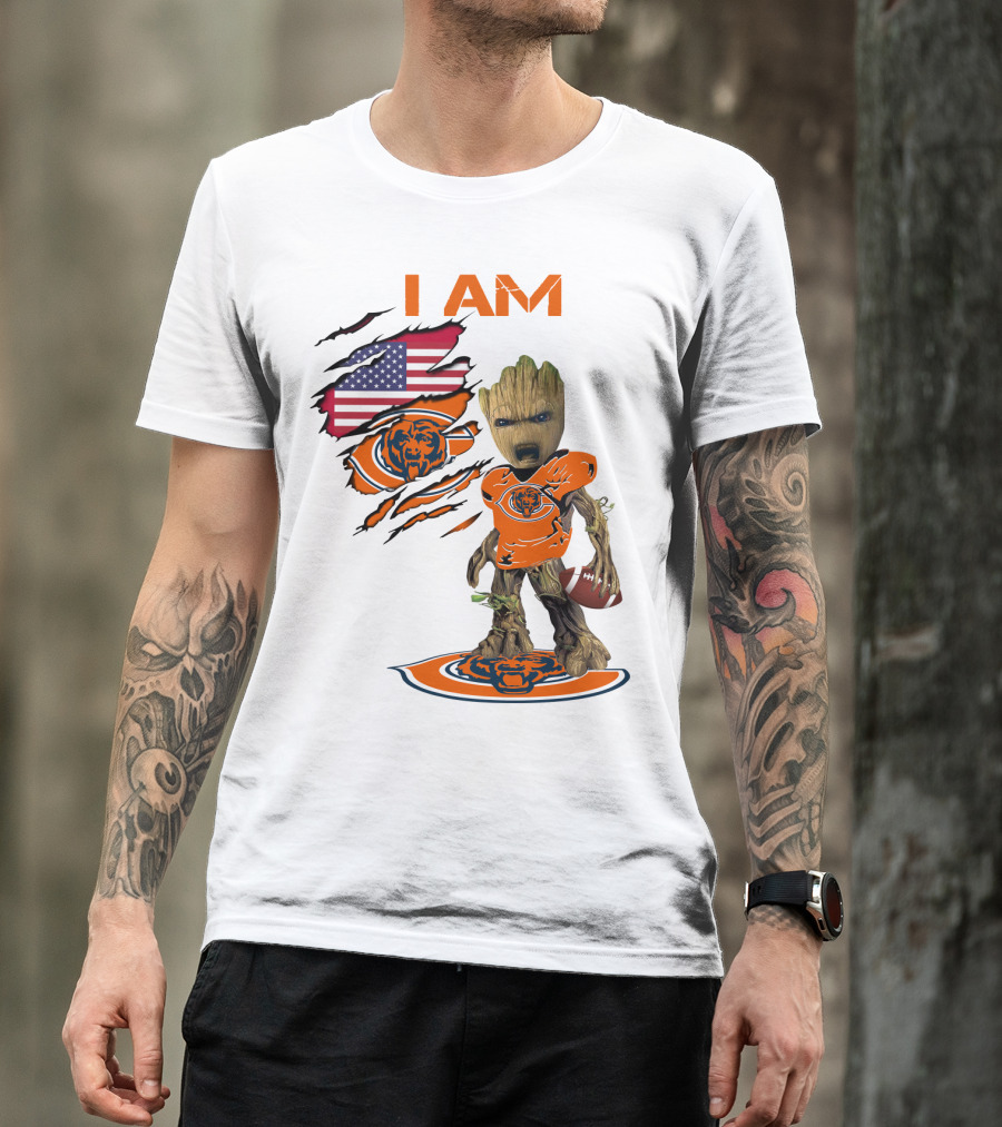 I AM Bears Baby Groot Holding Football With American Flag And Chicago Bears T-Shirt