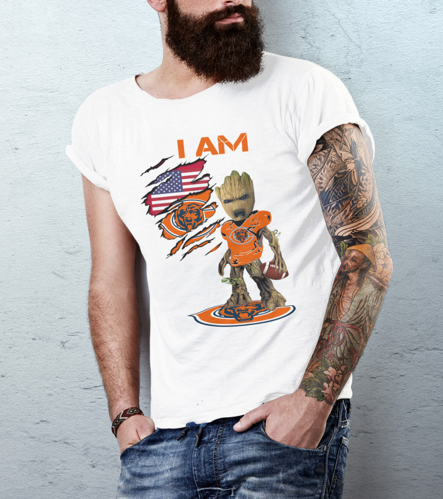 I AM Bears Baby Groot Holding Football With American Flag And Chicago Bears T-Shirt