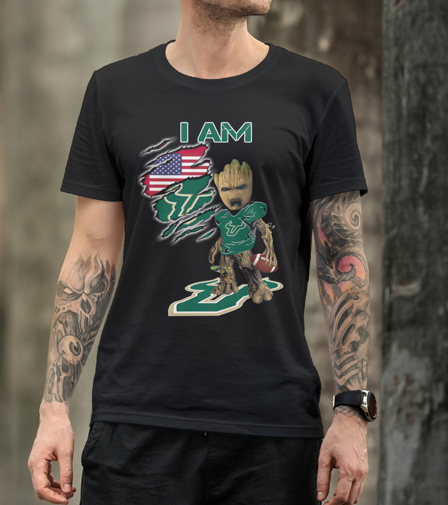 I Am Usf Baby Groot Holding Football With Usa Flag And Bulls T-Shirt