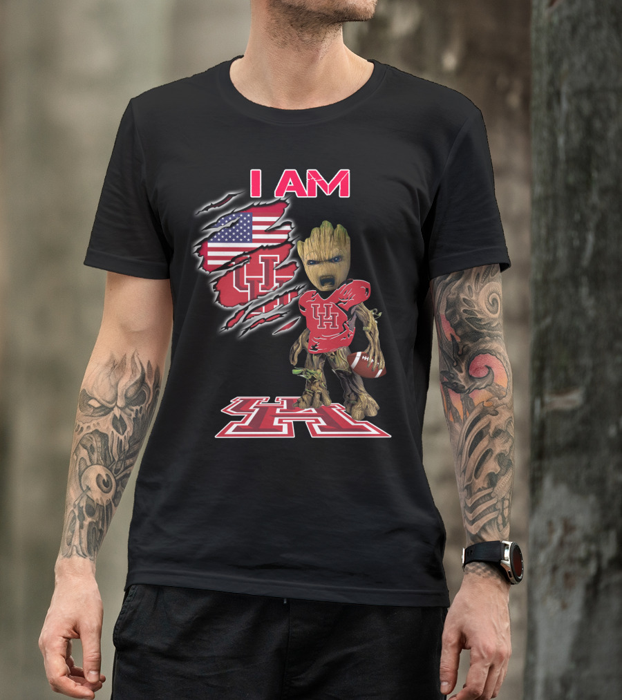 I Am Baby Groot Uh Football American Flag Houston T-Shirt