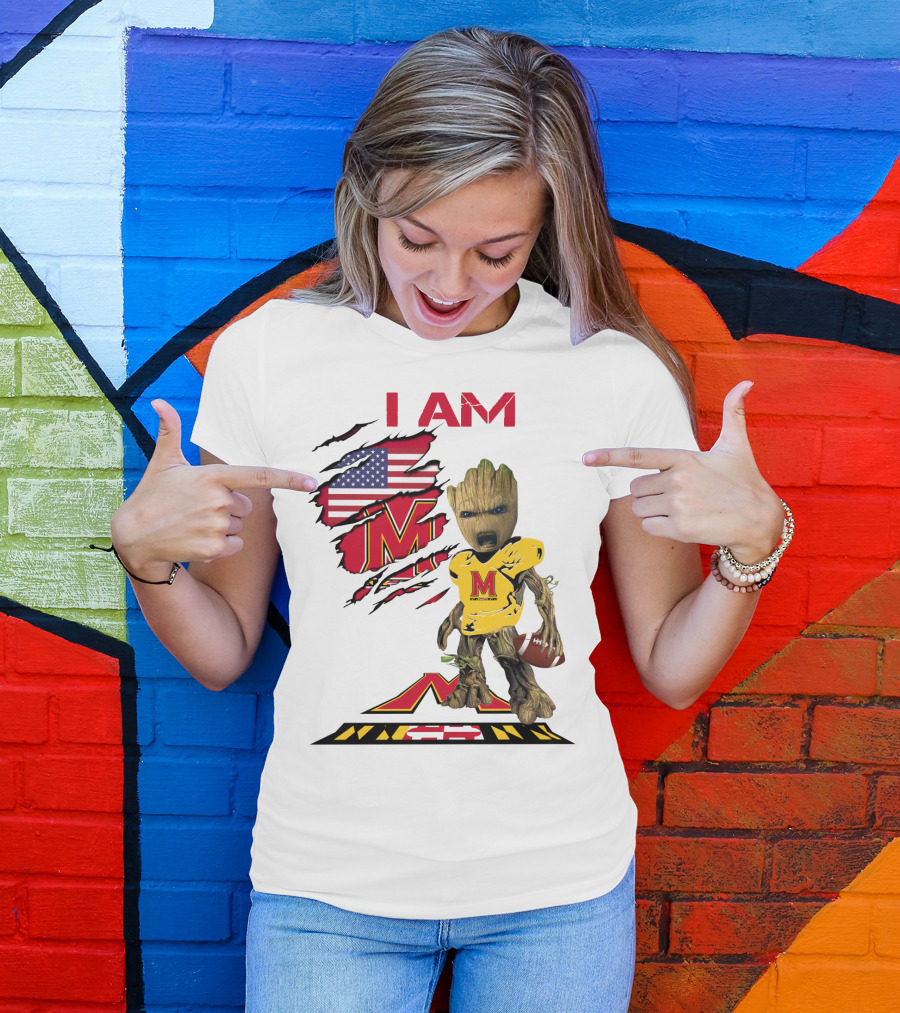 I Am Maryland Baby Groot Football M Logo American Flag T-Shirt