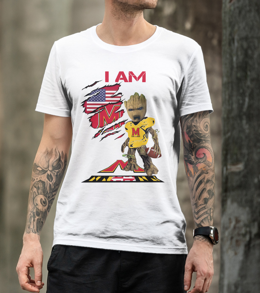 I Am Maryland Baby Groot Football M Logo American Flag T-Shirt