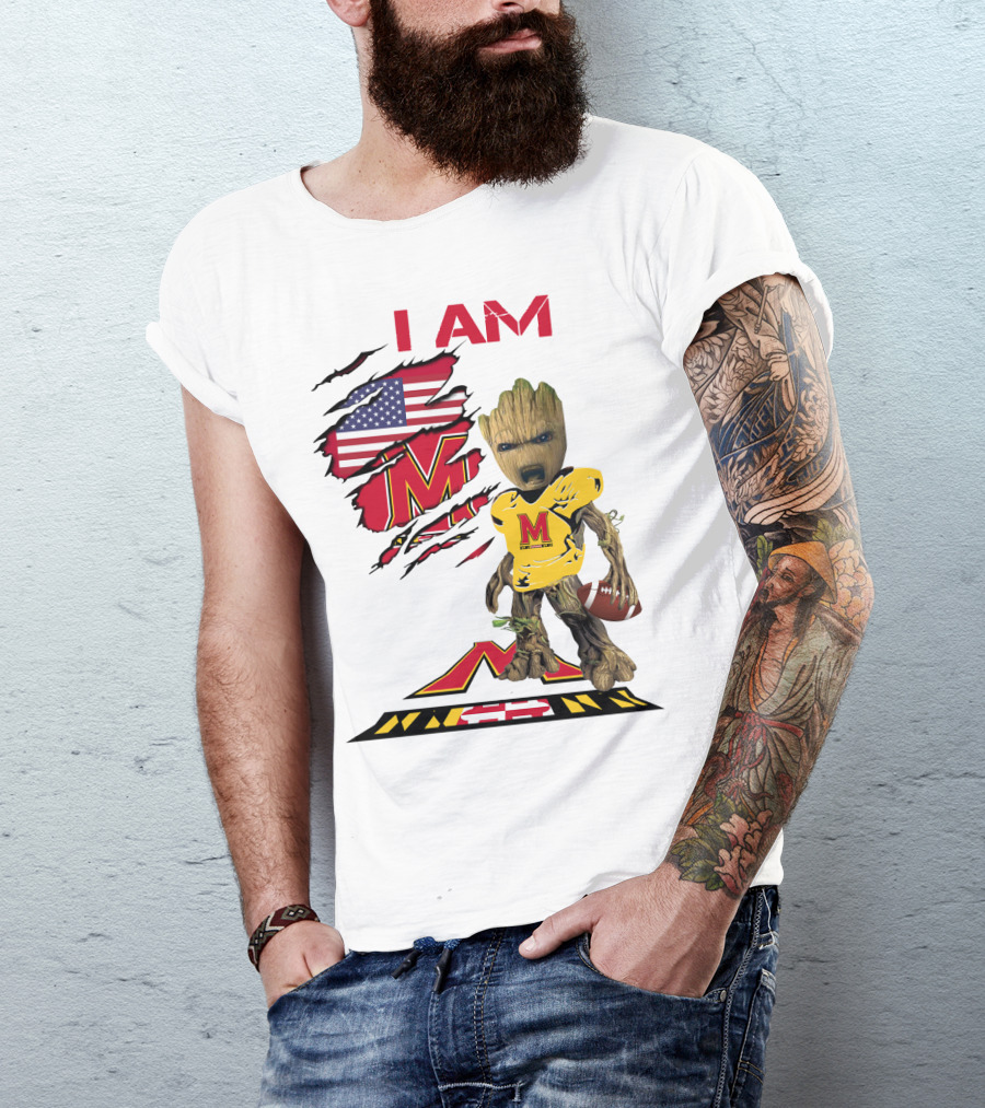 I Am Maryland Baby Groot Football M Logo American Flag T-Shirt