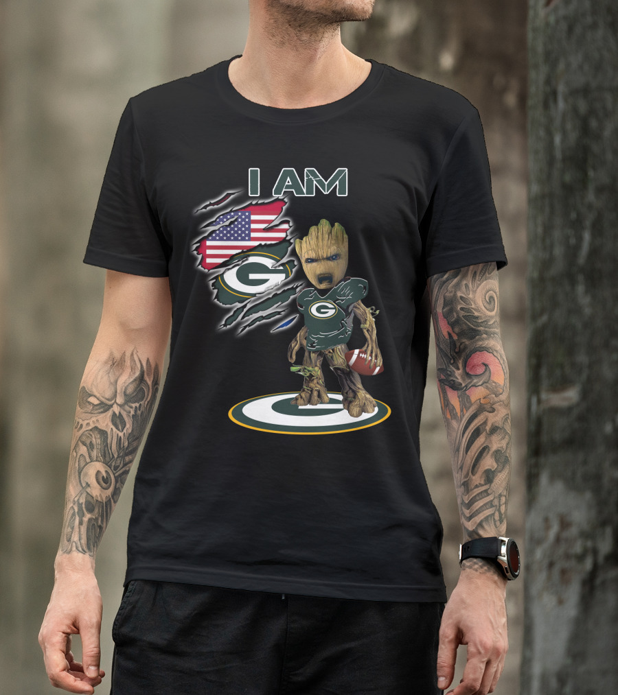 I Am Packers Baby Groot American Flag Football T-Shirt