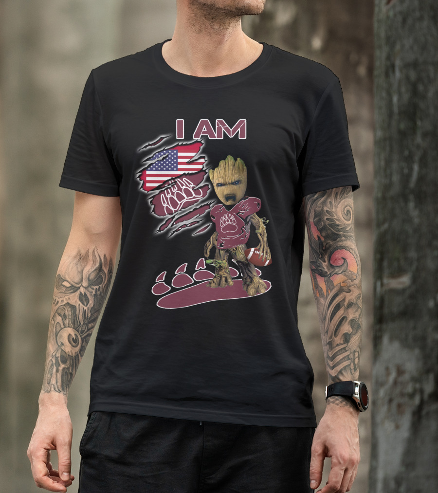 I AM American Flag Football Baby Groot Bear Paw T-Shirt