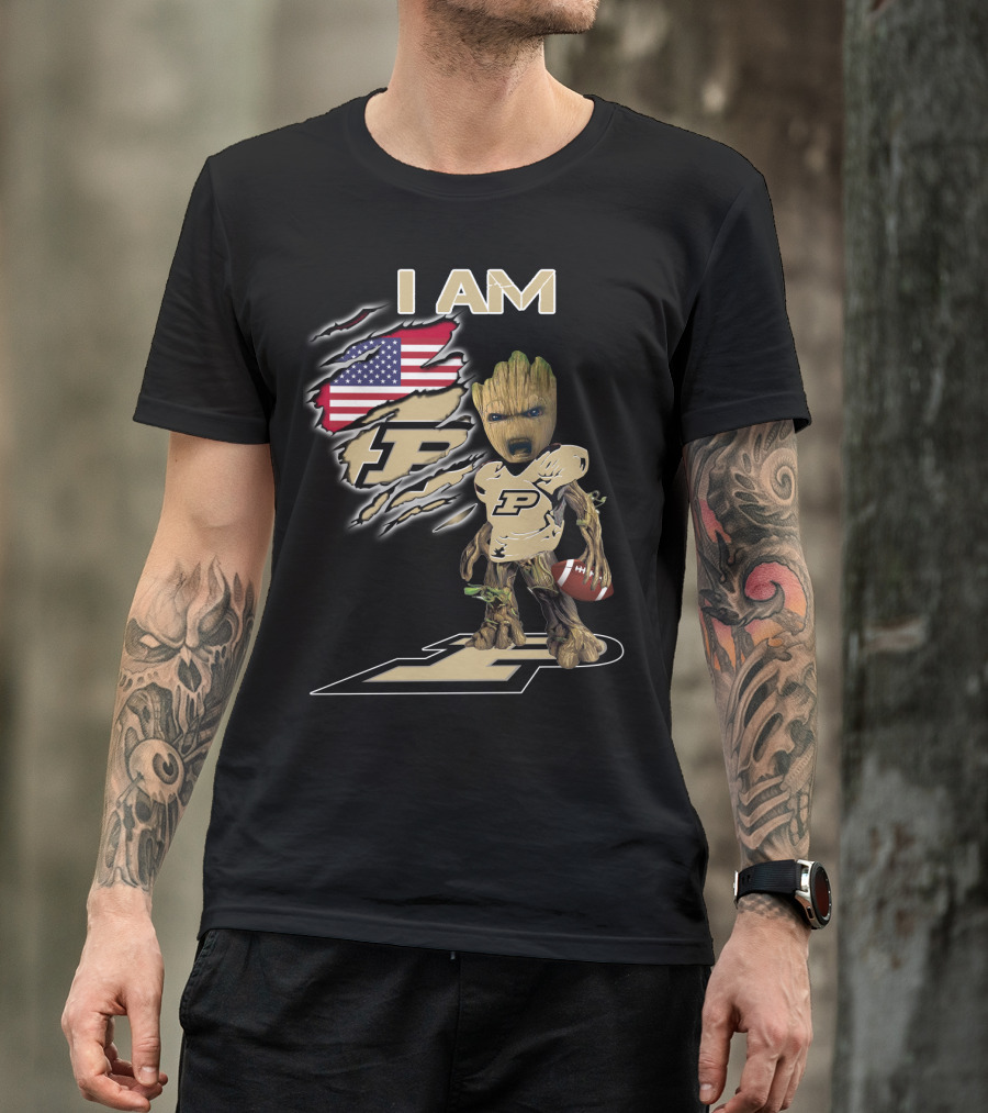 I Am Purdue Baby Groot American Flag Purdue Football T-Shirt