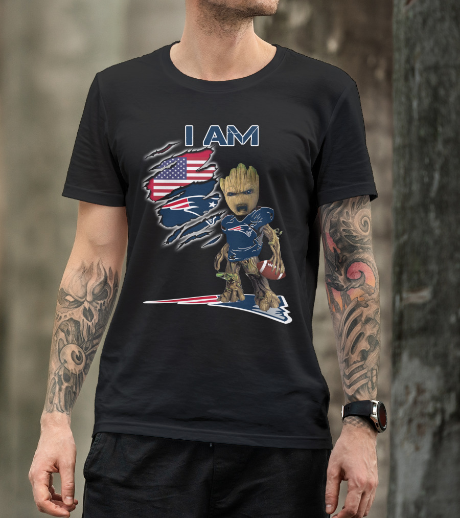 I AM Patriots Baby Groot American Flag Football T-Shirt