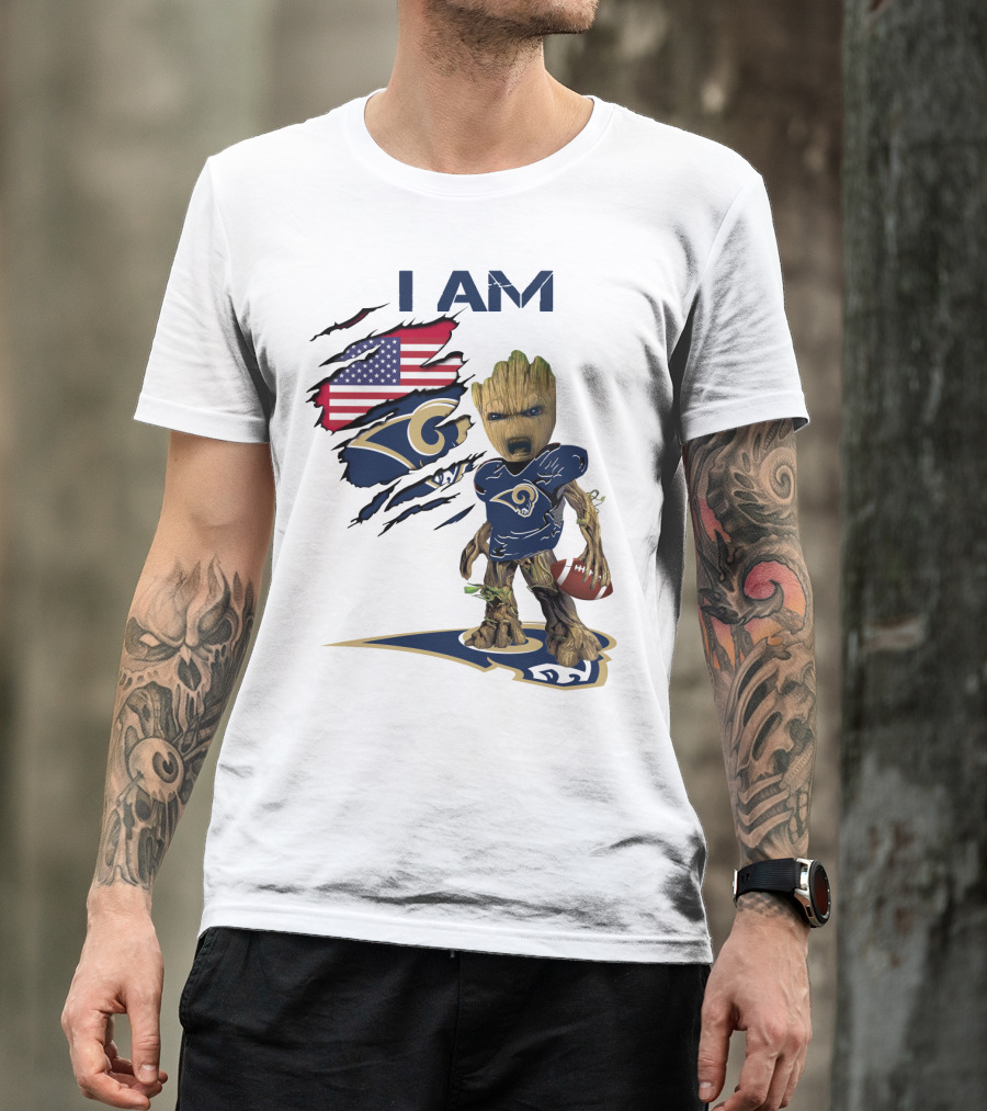 I AM Rams Baby Groot Football USA Flag T-Shirt