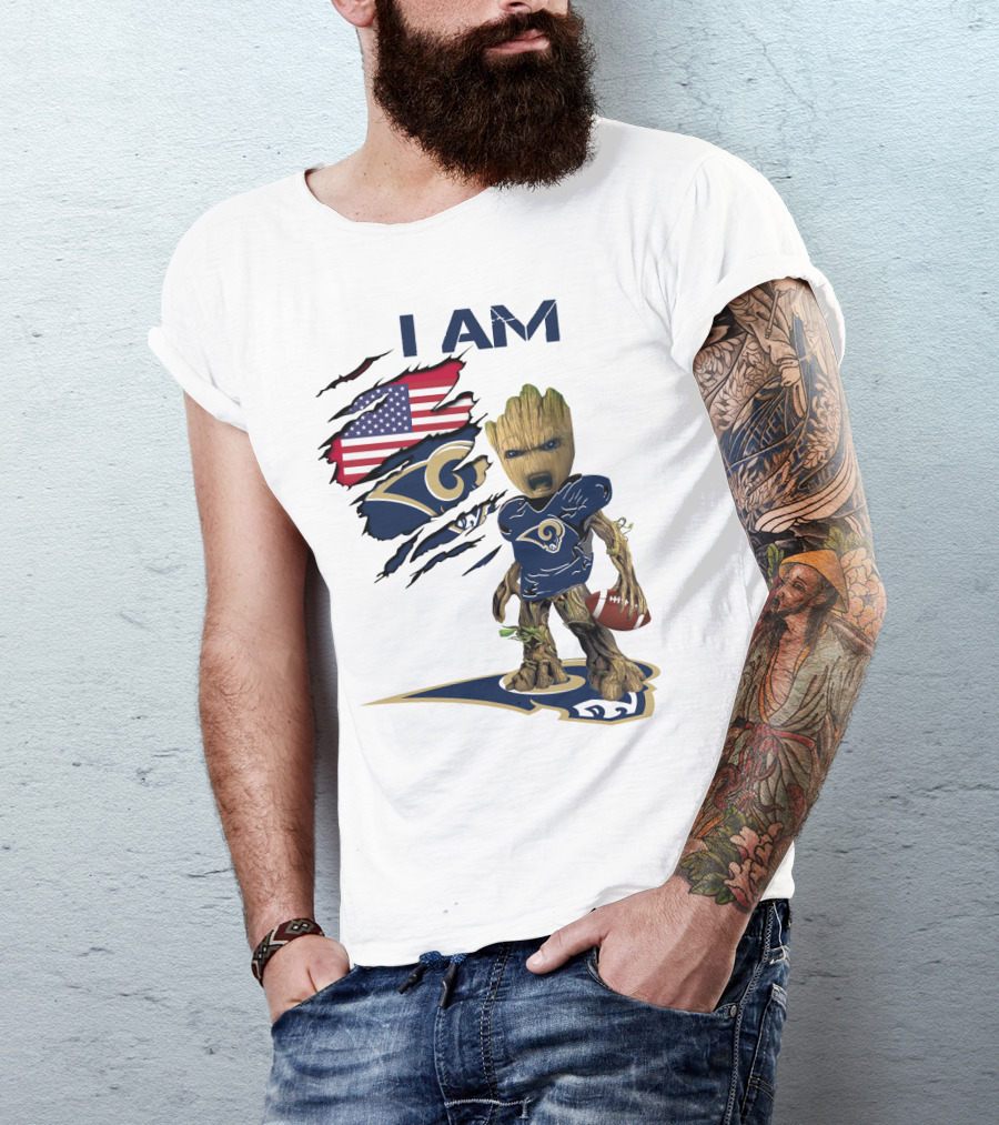 I AM Rams Baby Groot Football USA Flag T-Shirt