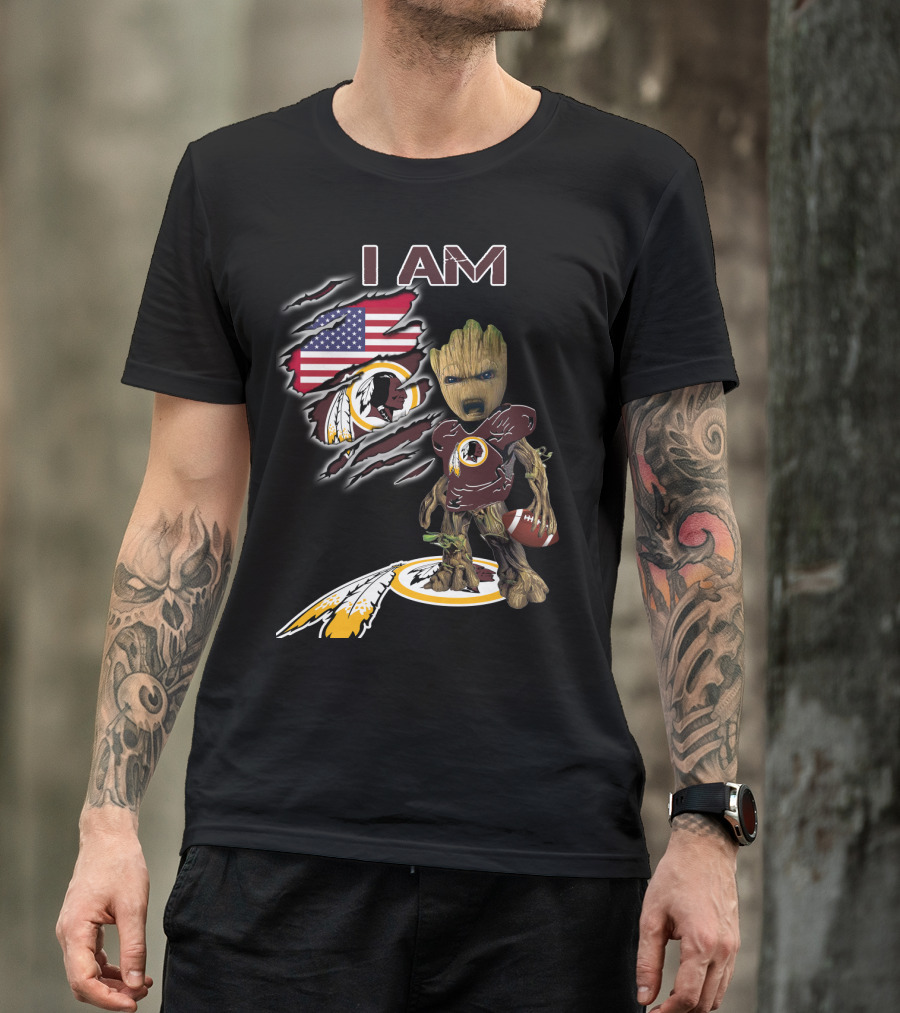 I Am Redskins Baby Groot Football American Flag T-Shirt