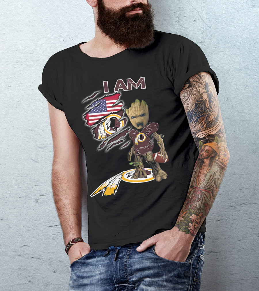 I Am Redskins Baby Groot Football American Flag T-Shirt