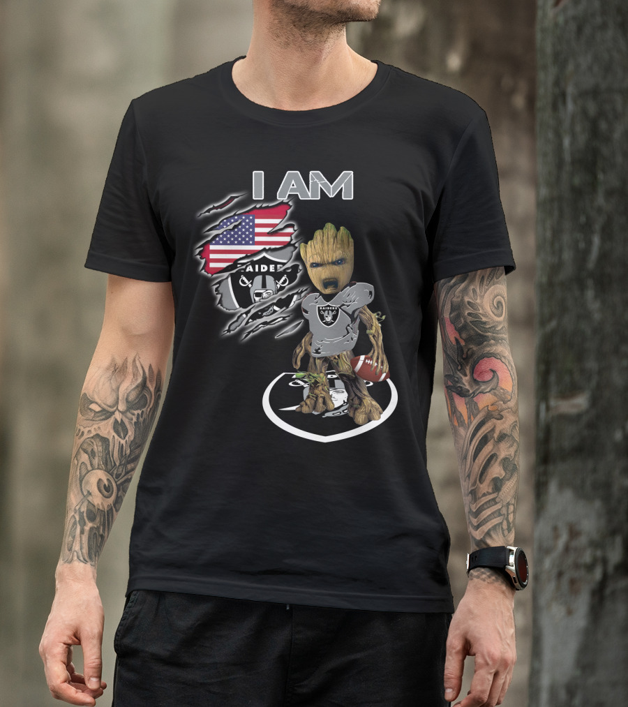 I AM Raiders Baby Groot American Flag Football T-Shirt