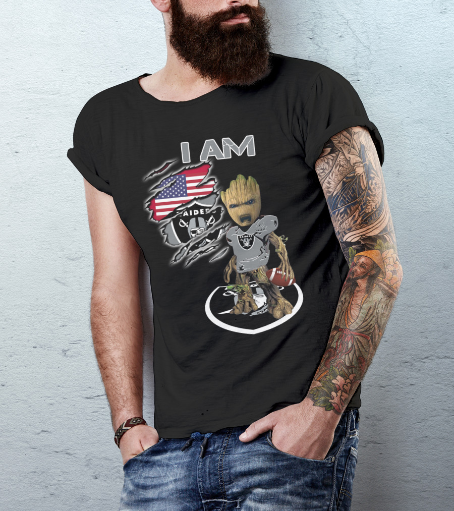 I AM Raiders Baby Groot American Flag Football T-Shirt