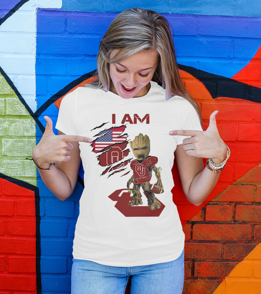 I AM Sooners Baby Groot Football USA Flag T-Shirt