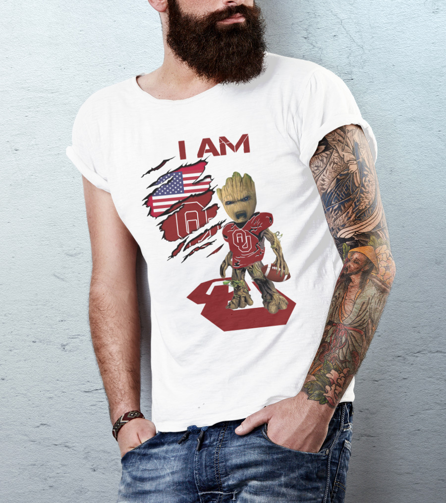 I AM Sooners Baby Groot Football USA Flag T-Shirt