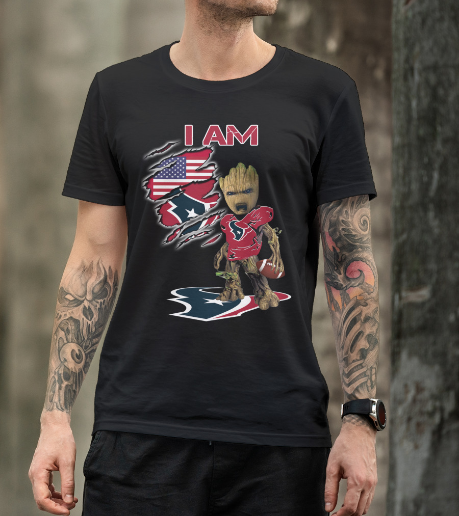 I Am Texans Baby Groot American Flag Football Fan T-Shirt