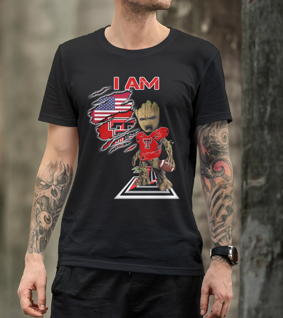 I AM Texas Tech Football American Flag Baby Groot T-Shirt