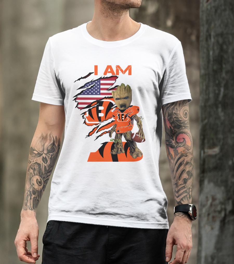 I AM Bengals Baby Groot Football USA Flag T-Shirt