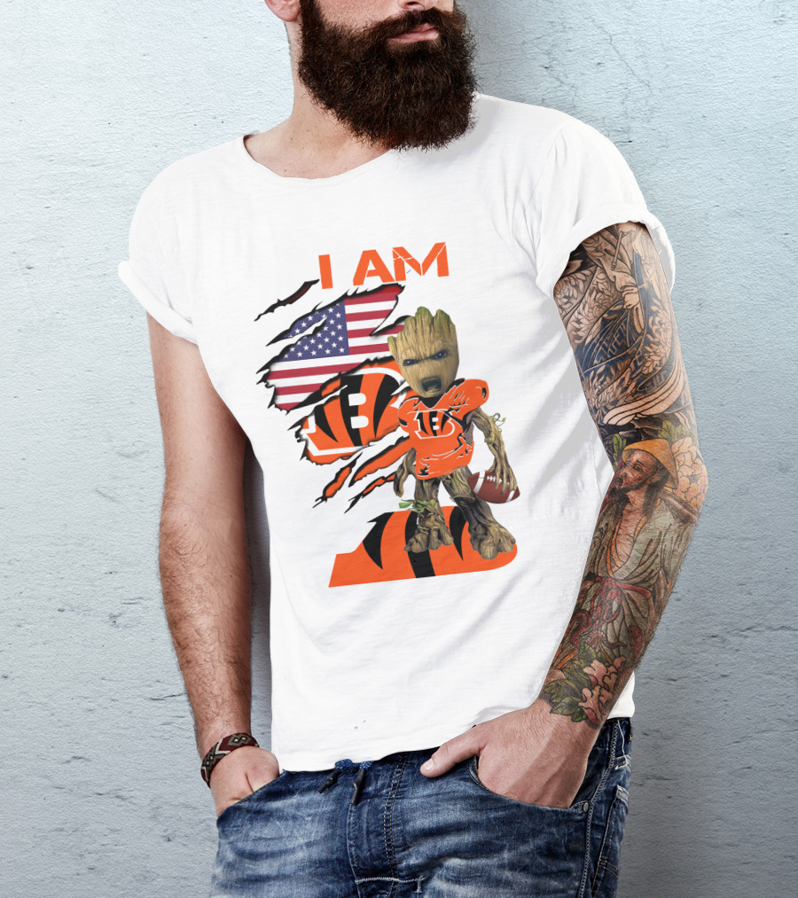 I AM Bengals Baby Groot Football USA Flag T-Shirt