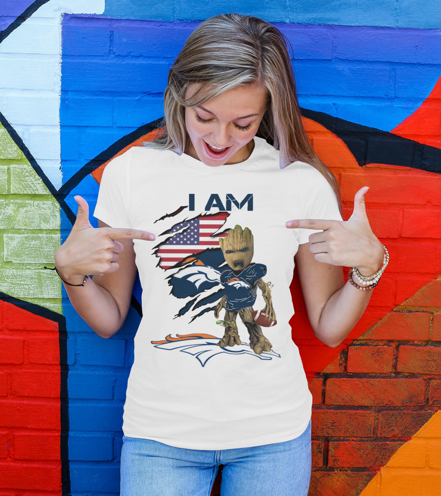 I Am Broncos Baby Groot American Flag Football T-Shirt