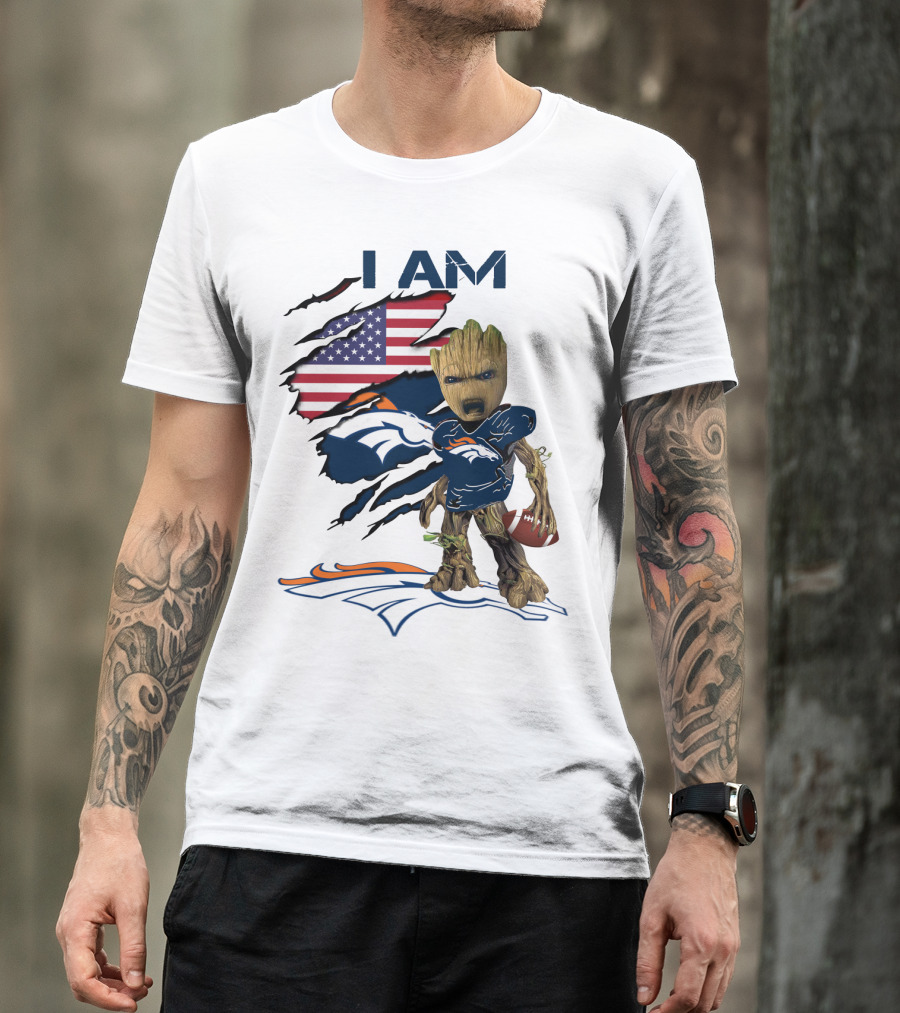 I Am Broncos Baby Groot American Flag Football T-Shirt
