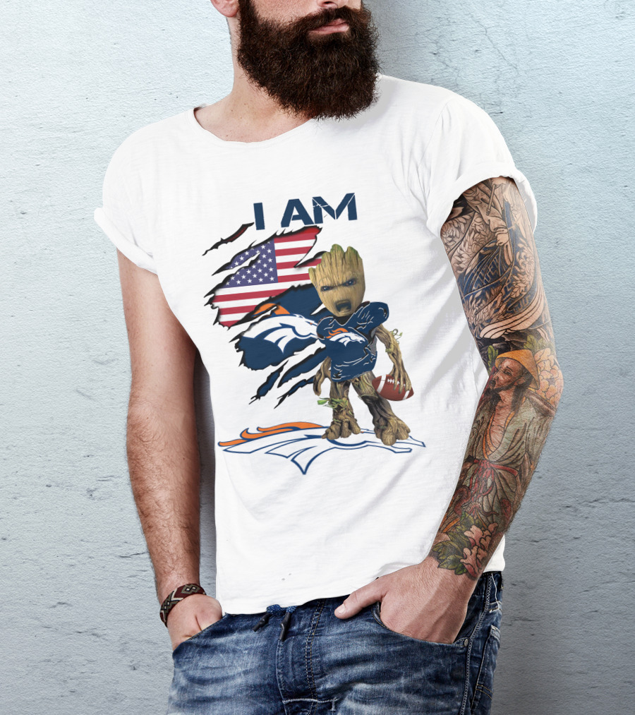 I Am Broncos Baby Groot American Flag Football T-Shirt