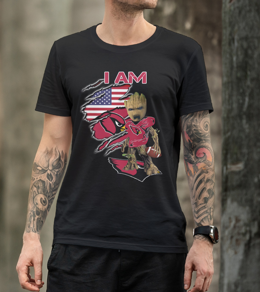 I Am Arizona Cardinals Baby Groot American Flag T-Shirt
