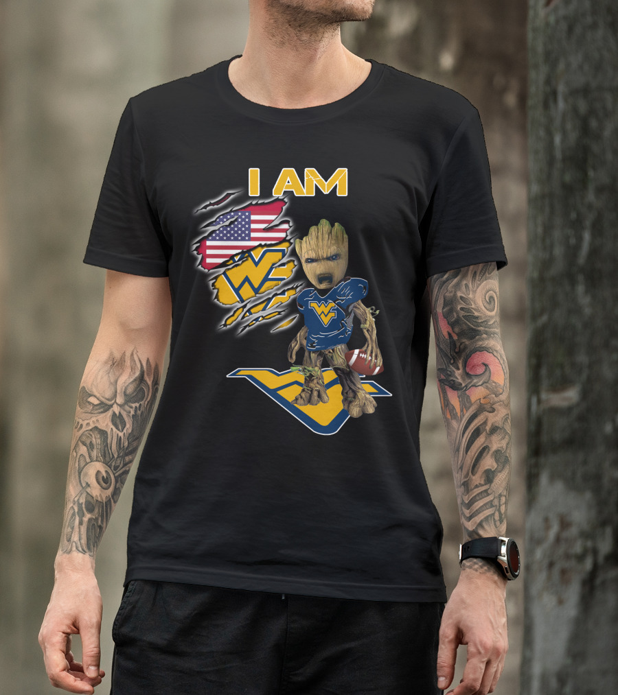I AM West Virginia Mountaineers Baby Groot Football Fan USA Flag T-Shirt